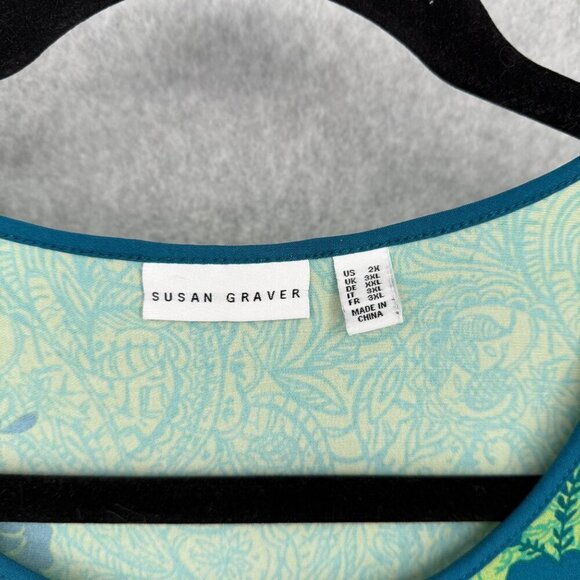 Susan Graver Womens Liquid Knit Floral Top Shirt Size 2X Green Blue Long Sleeve - Picture 6 of 11